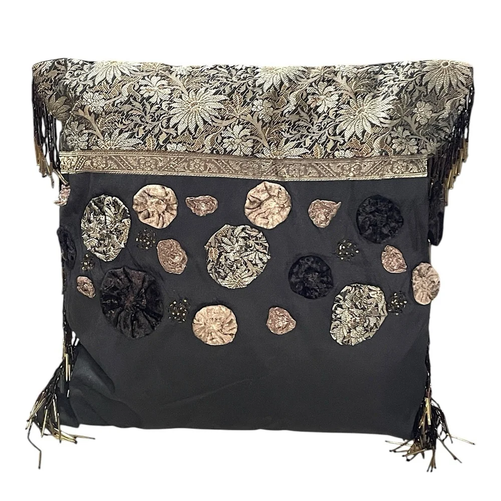 2 Borgata Decorative Silk Pillows Beaded Fringe Floral Square Brown Gold 15”